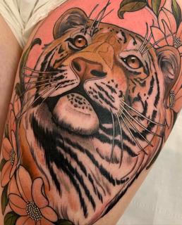 Neo-traditional floral tiger tattoo by @adear_tattoo