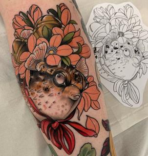 Neo-traditional floral pufferfish tattoo by @adear_tattoo