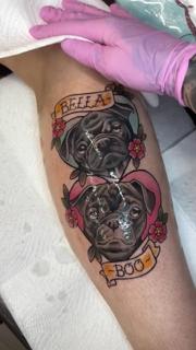 Realism pug portraits tattoo by @abishroom_tattoos