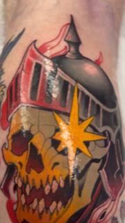 Traditional flaming skull tattoo by @abishroom_tattoos