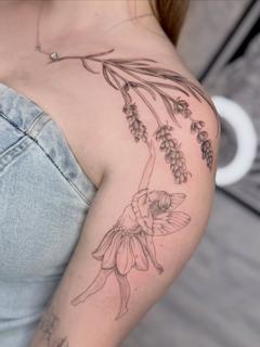 Fine line lavender fairy tattoo by @acidartist
