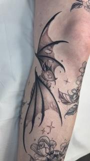 Dotwork flying bat tattoo by @acidartist