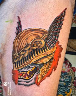 Traditional samurai helmet tattoo by @sunstormtattoo