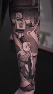 Illustrative cartoon characters tattoo by @adamdeanart
