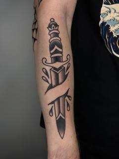 Traditional traditional dagger tattoo by @hudsontattoo
