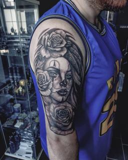 Black and grey realism clown woman roses tattoo by @adsnowden_tattoo
