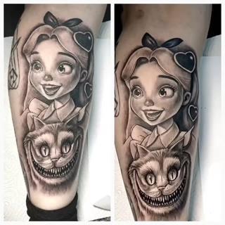 Realism alice and cheshire cat tattoo by @ade_truemantattoo