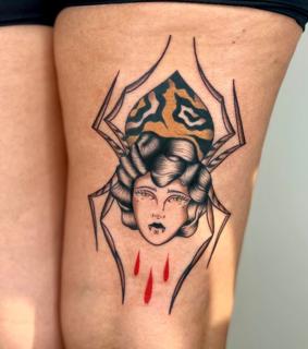 Neo-traditional spider woman tattoo by @gk._tattoo