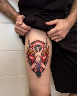 Traditional devil woman tattoo by @_.aleek
