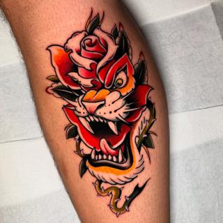 Traditional tiger rose tattoo by @_.aleek