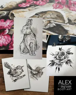 Illustrative ink rabbit tattoo by @alexingart