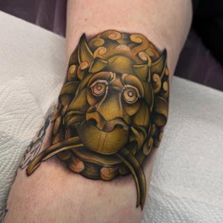 Traditional lion mask tattoo by @al_xlatattoos
