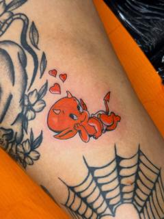 Traditional cute devil tattoo by @aliceneedstattoos