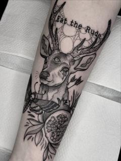 Blackwork deer with pomegranate tattoo by @nekomajoo