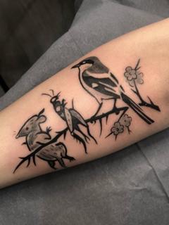 Blackwork bird and mouse tattoo by @kelpiebat