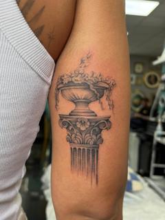 Blackwork ornate column tattoo by @amberr.tattoos
