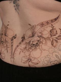 Fine line floral pattern tattoo by @amybillingtattoo