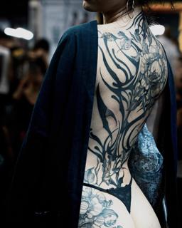 Blackwork floral backpiece tattoo by @sitsan.barcodetattoo