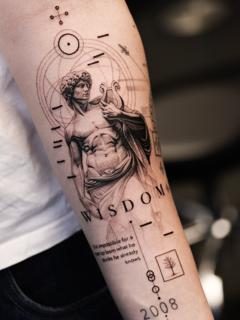 Illustrative blackwork classical statue geometry tattoo by @andreas.givskov