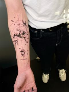 Fine line falling figure geometric tattoo by @andreas.givskov
