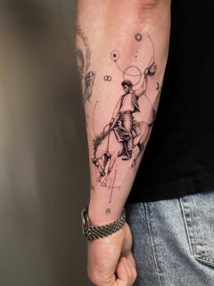 Illustrative cowboy on horse tattoo by @andreas.givskov
