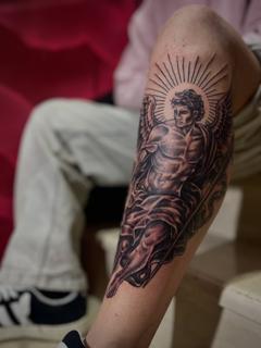 Realism angel figure tattoo by @anduen_la23