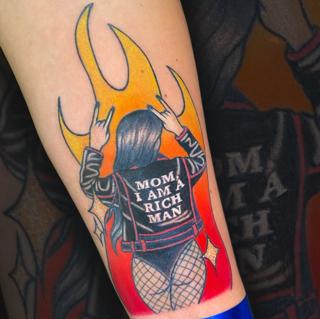 Neo-traditional rocker woman flames tattoo by @__annablue