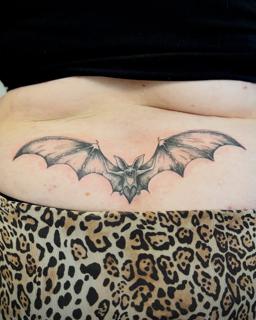 Illustrative flying bat tattoo by @fresh.ink.anna