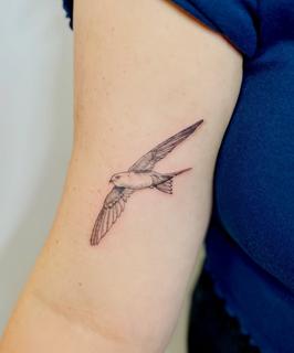 Fine line flying bird tattoo by @fresh.ink.anna