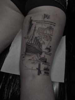 Fine line titanic narrative tattoo by @antclaytattoo