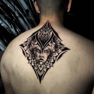 Blackwork geometric faces tattoo by @lil_doublex