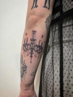 Fine line blackwork ornate chandelier tattoo by @wonkyclonky