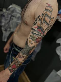 Traditional traditional ship tattoo by @batter_tattooer