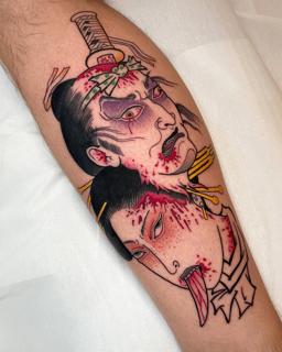 Japanese samurai heads tattoo by @bemuti_tattoos