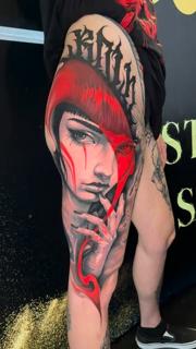 Realism red hooded woman tattoo by @benjaminlaukis