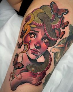 Neo-traditional medusa portrait tattoo by @bethrosetattoo