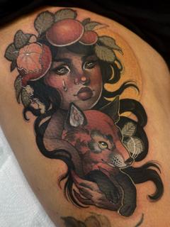 Neo-traditional woman and fox tattoo by @bethrosetattoo