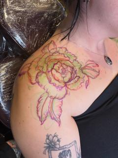 Fine line floral outline tattoo by @_blayn_