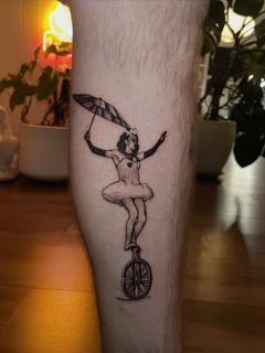 Fine line ballerina unicyclist tattoo by @dijon.did.it