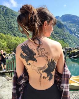 Blackwork two ravens tattoo by @skibber_tattoo