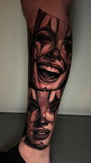 Realism chicano clown faces tattoo by @chanellejasminart