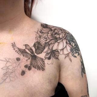 Fine line bird and flowers tattoo by @charliexneedles