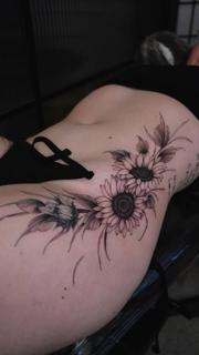 Fine line floral sunflowers tattoo by @itschloepeach