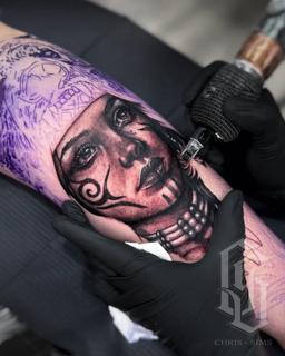 Dark realism dark woman portrait tattoo by @chrissimstattoo