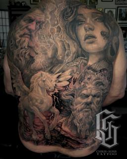 Realism mythological gods tattoo by @chrissimstattoo
