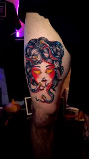 Neo-traditional medusa head tattoo by @moch.tattoo