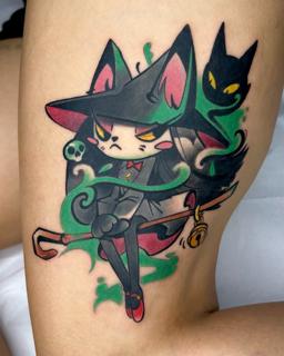 Illustrative witch cat character tattoo by @bitros_tattoo