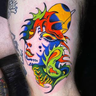 Illustrative abstract female face tattoo by @bitros_tattoo