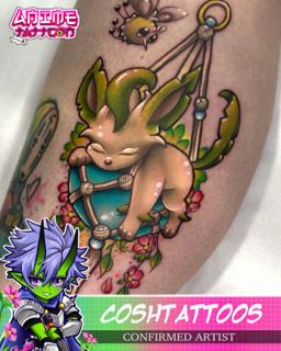 Anime sleeping leafeon tattoo by @coshtattoos