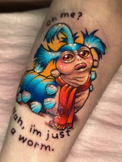Illustrative labyrinth worm tattoo by @coshtattoos
